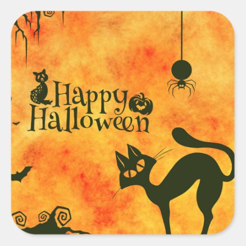 Happy Halloween Black cat owl pumpkins Square Sticker