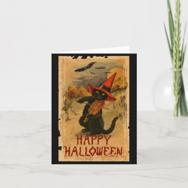 Happy Halloween Black Cat Playing Fiddle Bats Card (Front)