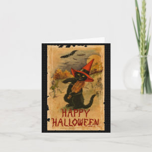 Happy Halloween Black Cat Playing Fiddle Bats Card