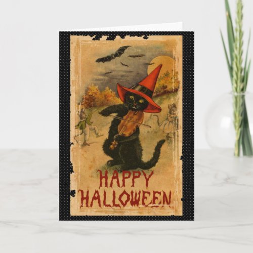 Happy Halloween Black Cat Playing Fiddle Bats Card
