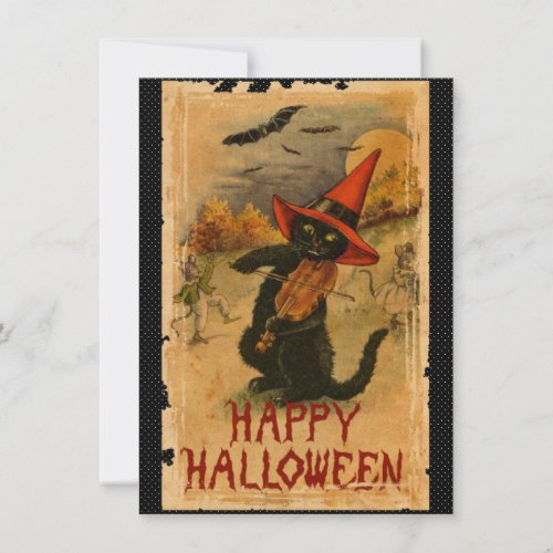 Happy Halloween Black Cat Playing Fiddle Bats Card