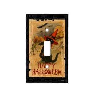 Happy Halloween Black Cat Playing Fiddle Bats Light Switch Cover