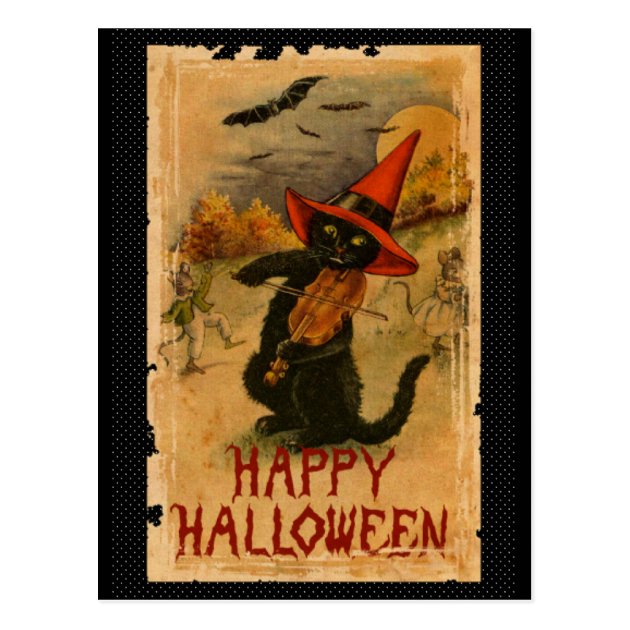 Happy Halloween Black Cat Playing Fiddle Bats Postcard