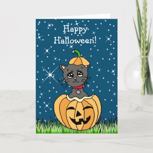 Happy Halloween Black Cat Popping out of Pumpkin Card