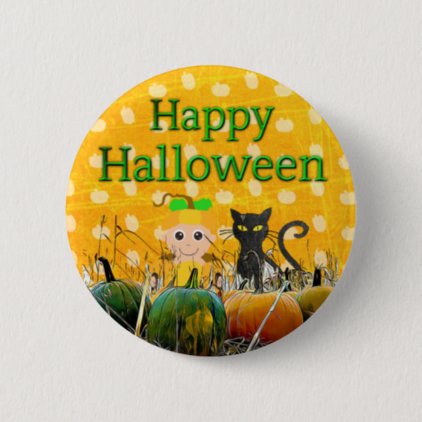 Happy Halloween Black Cat Pumpkin Button