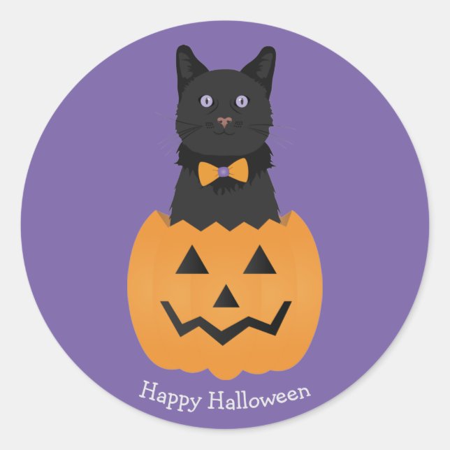 Happy Halloween Black Cat Pumpkin Classic Round Sticker (Front)