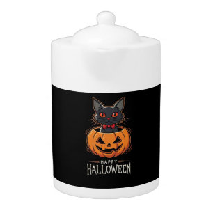 Happy Halloween Black Cat Pumpkin Design_1 Teapot
