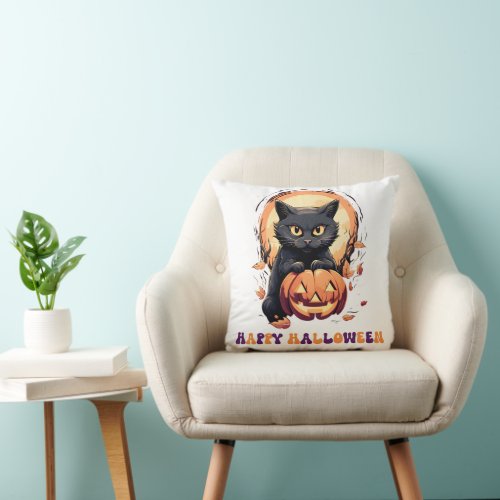 Happy Halloween Black Cat Pumpkin Halloween Throw Pillow