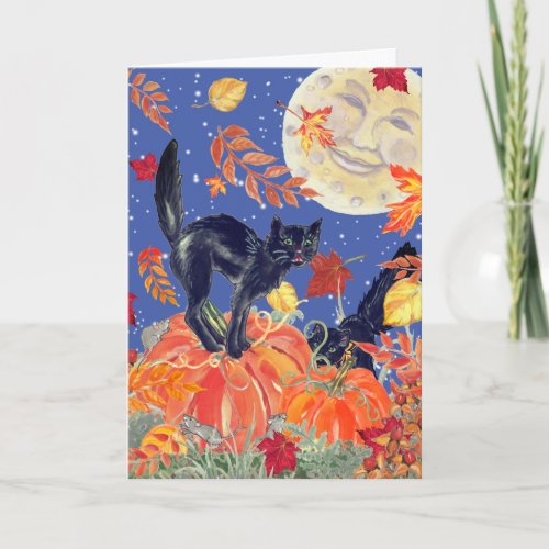 Happy Halloween Black Cat Pumpkin Patch Moon Card