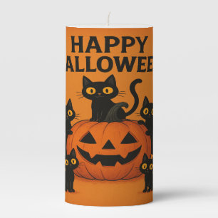 Happy Halloween Black Cat & Pumpkin Pillar Candle