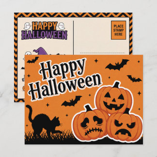 Happy Halloween Black Cat & Pumpkin Postcard