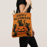 Happy Halloween Black Cat &amp; Pumpkin Tote Bag