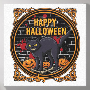 Happy Halloween Black Cat Pumpkins Bones_1 Canvas Photo Tile