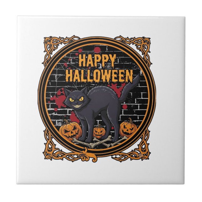 Happy Halloween Black Cat Pumpkins Bones_1 Ceramic Tile (Front)