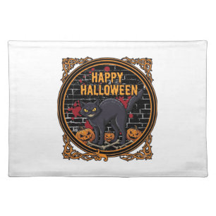 Happy Halloween Black Cat Pumpkins Bones_1 Cloth Placemat
