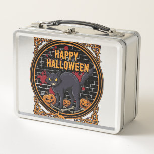Happy Halloween Black Cat Pumpkins Bones_1 Metal Lunch Box