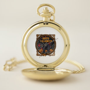 Happy Halloween Black Cat Pumpkins Bones_1 Pocket Watch