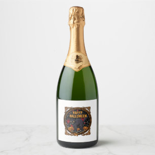Happy Halloween Black Cat Pumpkins Bones_1 Sparkling Wine Label