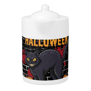 Happy Halloween Black Cat Pumpkins Bones_1 Teapot