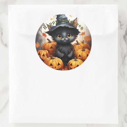 Happy Halloween Black Cat Pumpkins Classic Round Sticker