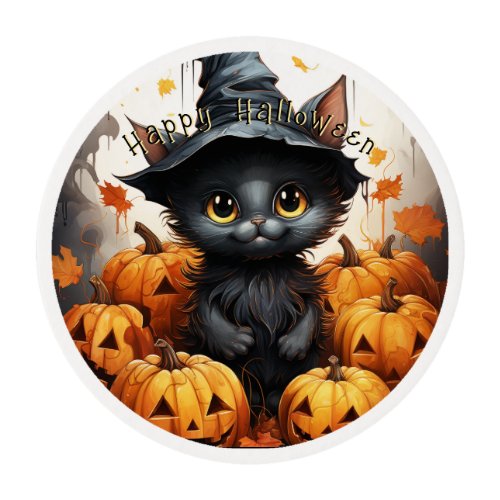 Happy Halloween Black Cat Pumpkins Edible Frosting Rounds