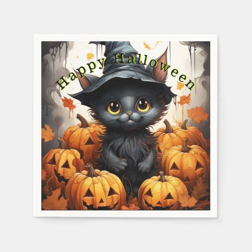 Happy Halloween Black Cat Pumpkins Napkins