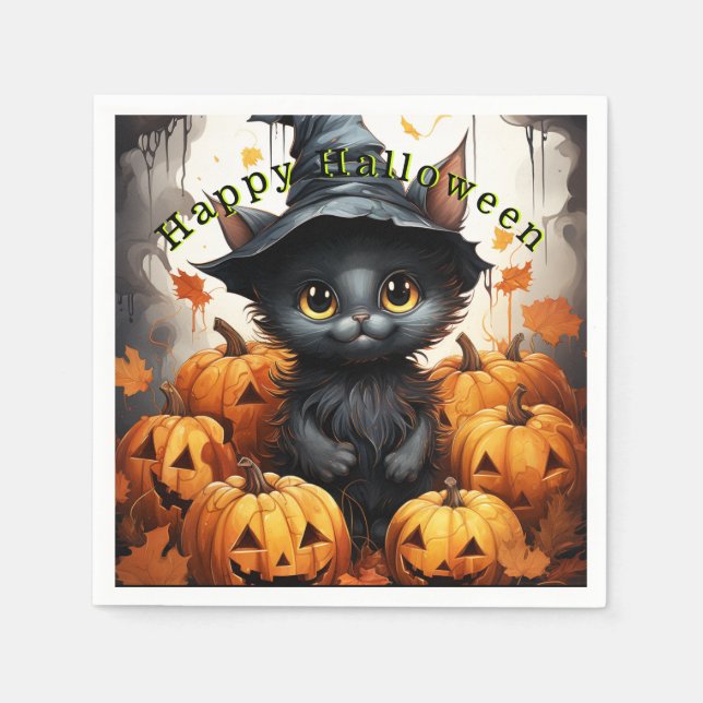 Happy Halloween Black Cat Pumpkins Napkins (Front)