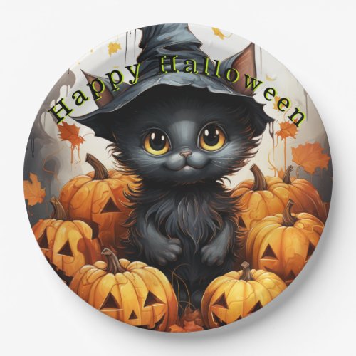 Happy Halloween Black Cat Pumpkins Paper Plates
