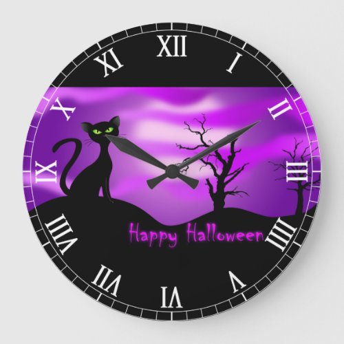 Happy Halloween Black Cat Purple Large Clock