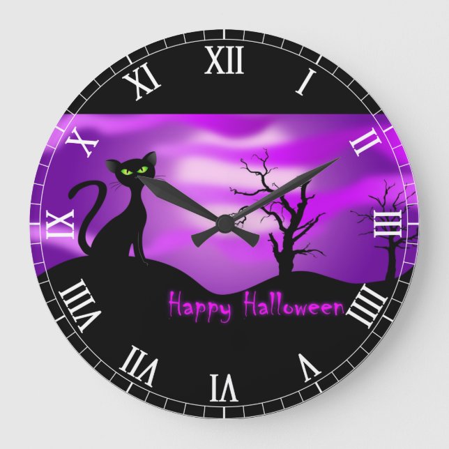 Happy Halloween Black Cat Purple Large Clock (Front)