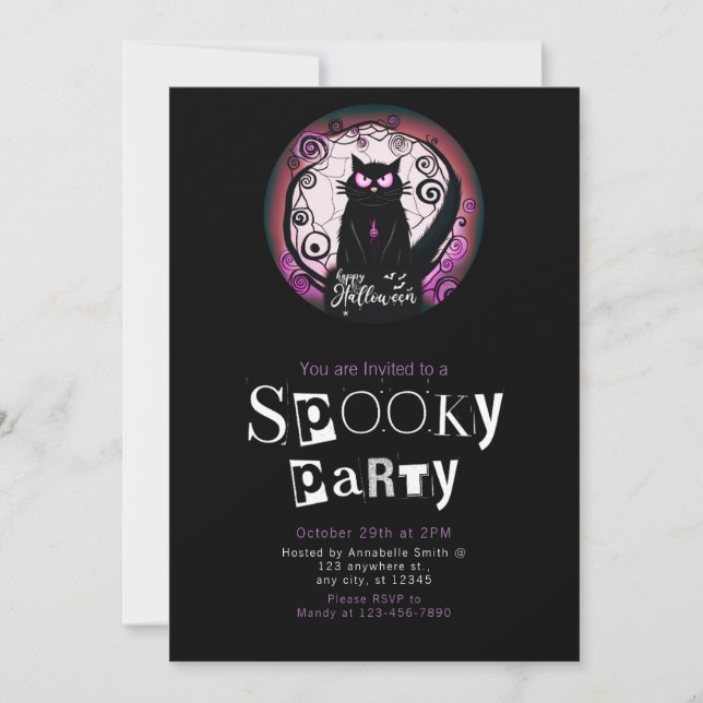 Happy Halloween Black Cat Red and Purple Halloween Invitation (Front)