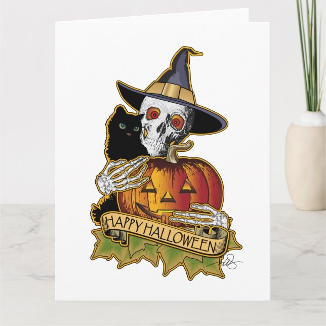 Happy Halloween Black Cat, Skull and Pumpkin Card (Front)