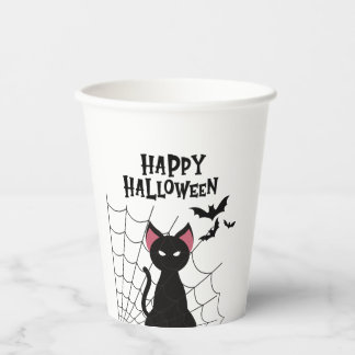 Happy Halloween Black Cat Spiderweb & Bats Serving Paper Cups