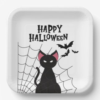 Happy Halloween Black Cat Spiderweb & Bats Serving Paper Plates
