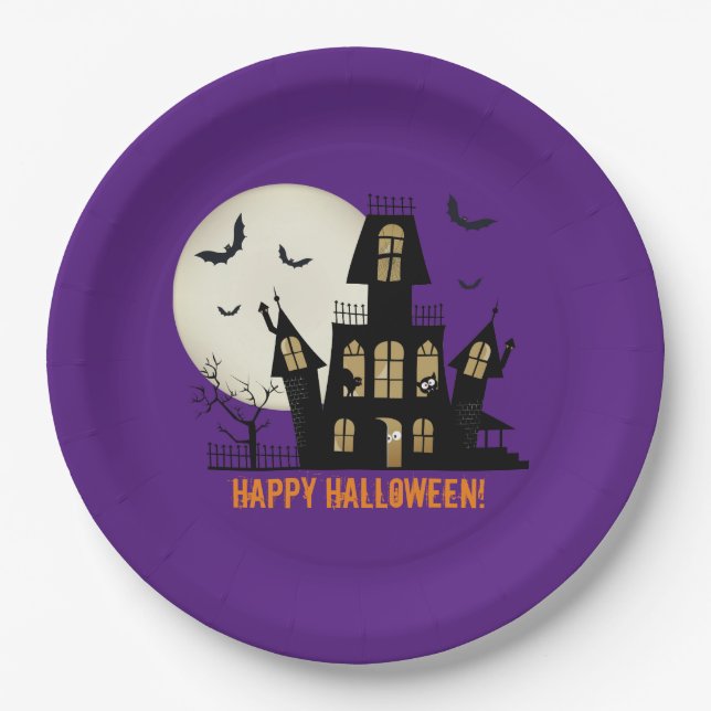 Happy Halloween Black Cat Spooky Haunted House Paper Plates (Front)