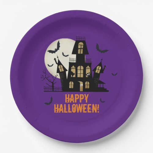 Happy Halloween Black Cat Spooky Haunted House  Paper Plates