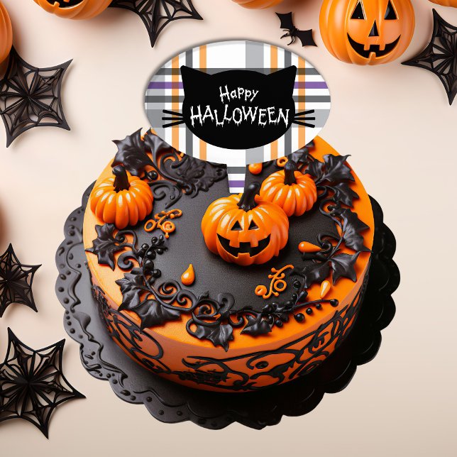 Happy Halloween Black Cat Spooky Plaid Design Cake Topper (Happy Halloween Black Cat Spooky Plaid Design Cake Topper)