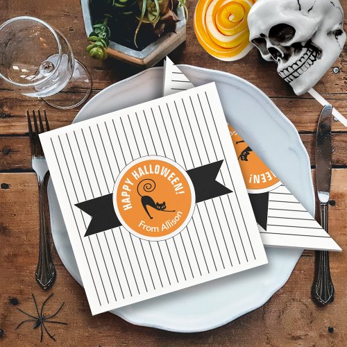 Happy Halloween Black Cat  Stripes ID686 Napkins