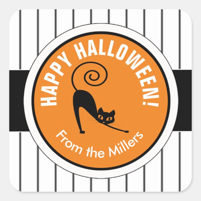 Happy Halloween Black Cat & Stripes ID686 Square Sticker (Front)