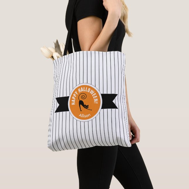 Happy Halloween Black Cat & Stripes ID686 Tote Bag (Close Up)