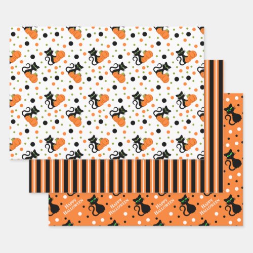 Happy Halloween Black Cat Stripes Polkadots Wrapping Paper Sheets