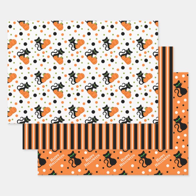 Happy Halloween Black Cat Stripes Polkadots Wrapping Paper Sheets (Set)