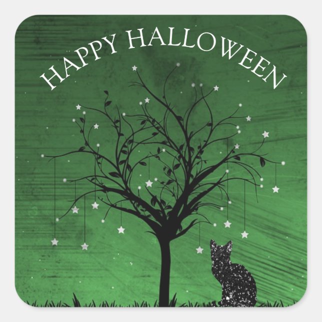 Happy Halloween Black Cat Twinkling Star Tree Square Sticker (Front)