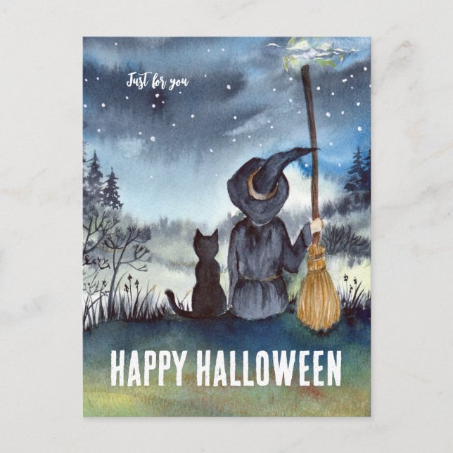 Happy Halloween Black Cat Witch Postcard (Front)