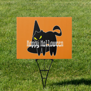 Happy Halloween Black Cat Witch Trick or Treat Sign