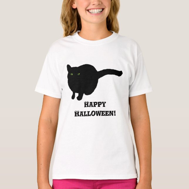 Happy Halloween Black Cat with Green Eyes Shirts (Front)