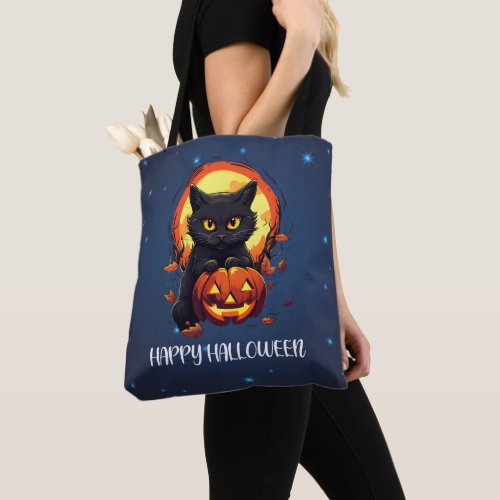 Happy Halloween Black Cat with Pumpkin Halloween Tote Bag