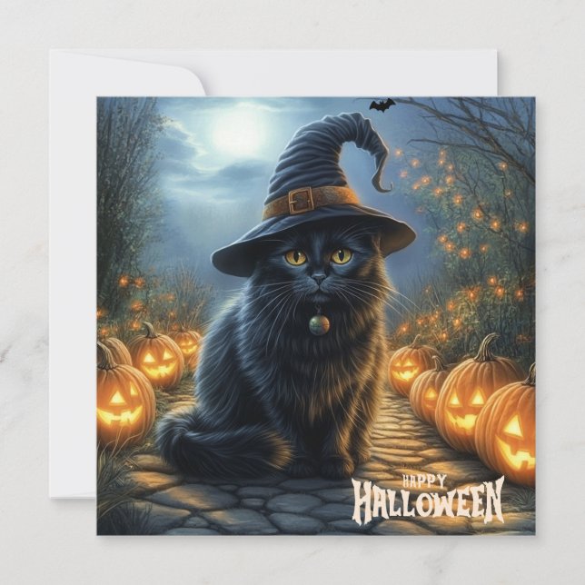 Happy Halloween Black Cat with Pumpkins  Holiday Card (Front)