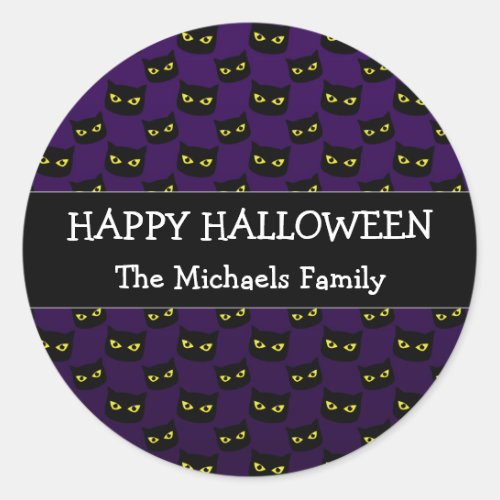 Happy Halloween black cat yellow eyes Family name Classic Round Sticker