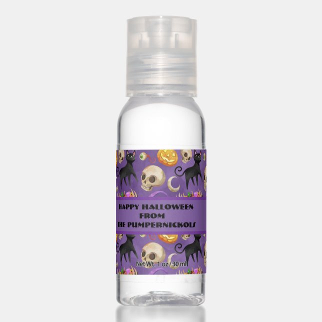 Happy Halloween Black Cats Jack-o-Lantern Skulls Hand Sanitizer (Front)